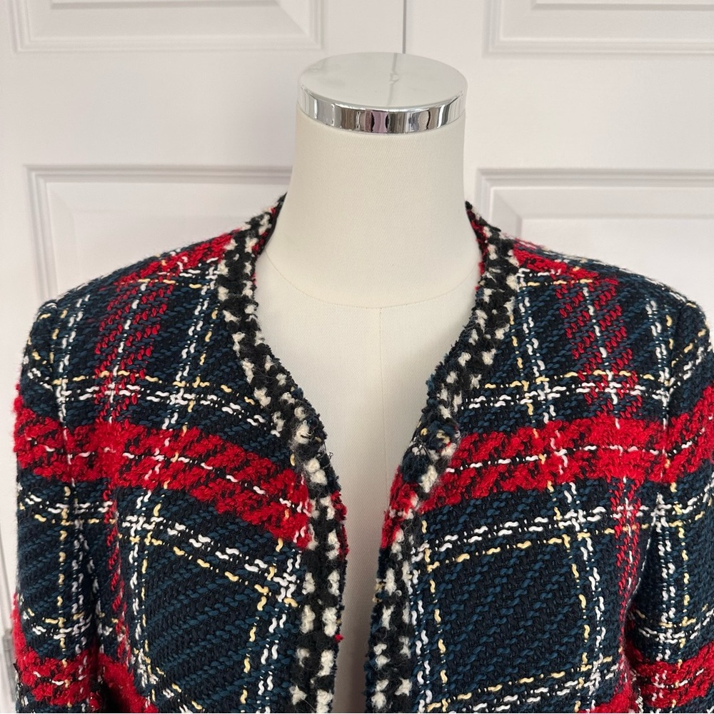 Zara Navy Black Red Plaid Bouckle Tweed Pearl Beaded Trim Blazer Jacket Size L❤️ - Picture 4 of 15